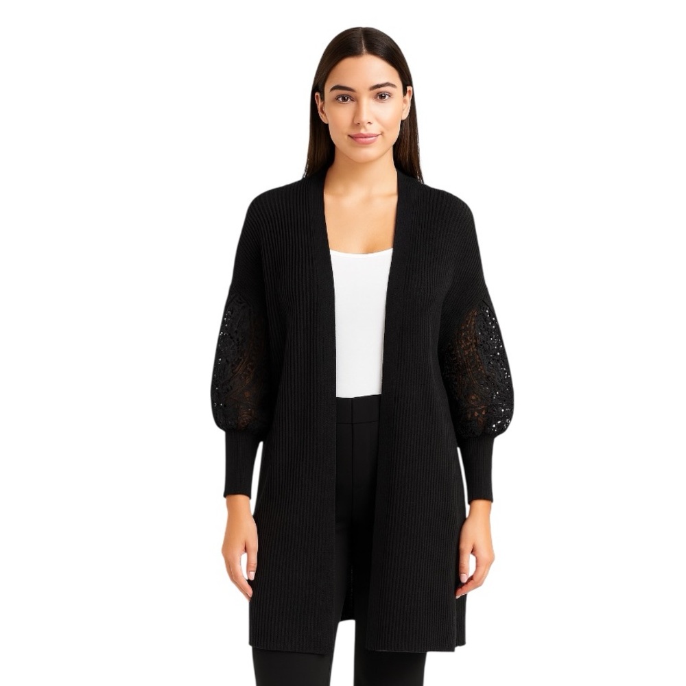 NorthStyle Crochet Sleeve Open Front Cardigan Black Size XL
